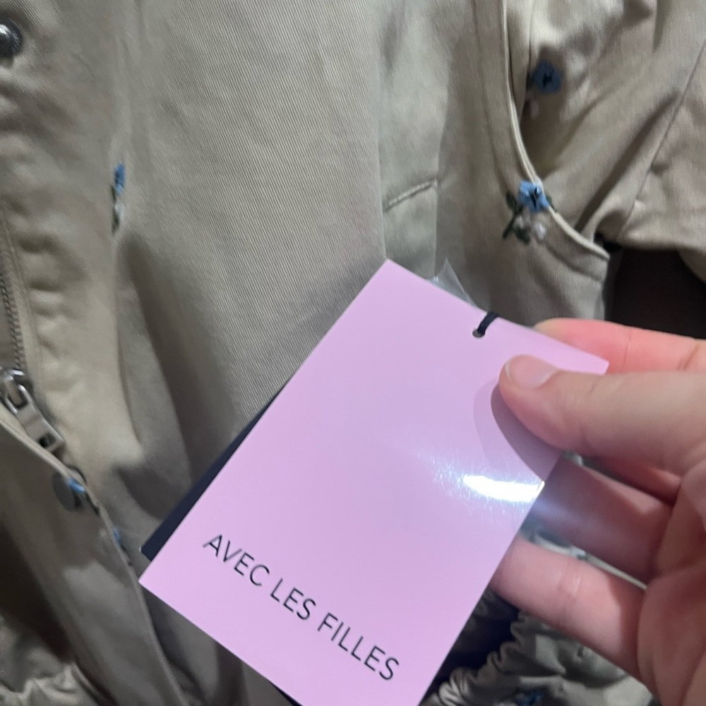Avec Les Files Anthropologie Beige Bomber Jacket with Blue Floral Embroidery - Picture 2 of 4